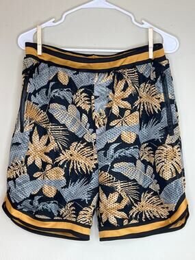 G-Net Men's Tropical Palm Print Black Yellow Mesh Athletic Basketball Shorts XL